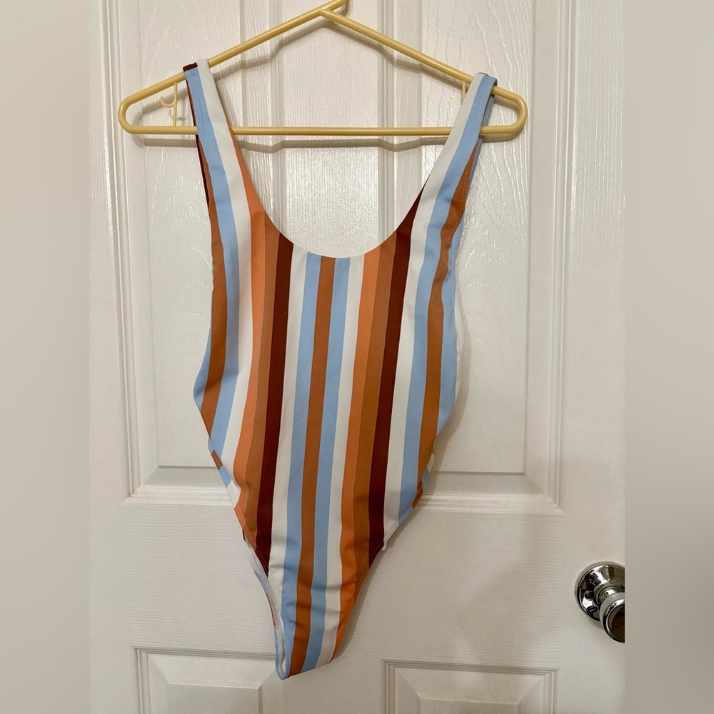 Vertical Striped Scoop Neck High Waist (Baywatch cut) One-Piece Swimsuit